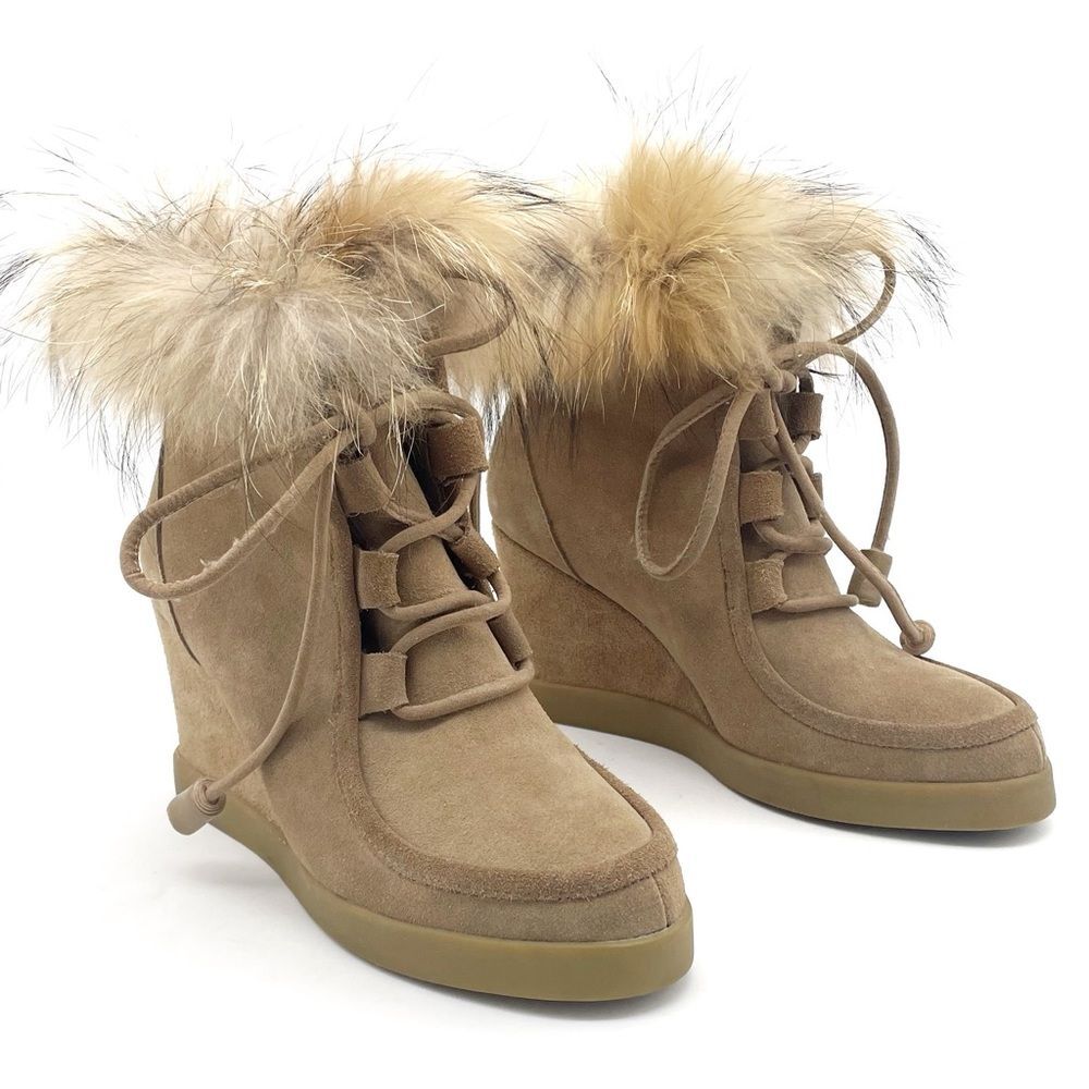 Cecelia New York Holly Wedge Bootie Chestnut Suede Fox Fur Lace Up Boot Size 9